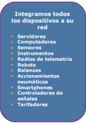 servidores, computadoras, sensores, radios de telemetria, robots, tarifadores